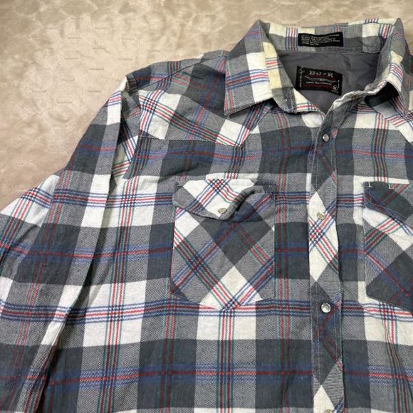 VTG BJ-R Long Tail Form Fit Western Shirt Mens XL Plaid Pearl Snap STAINED Look - Picture 4 of 12